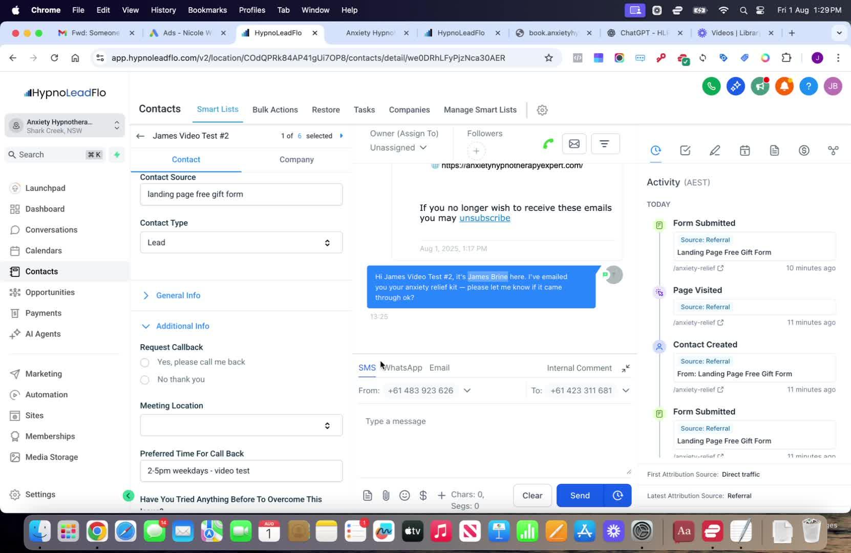 HypnoLeadFlo contact conversation showing SMS thread