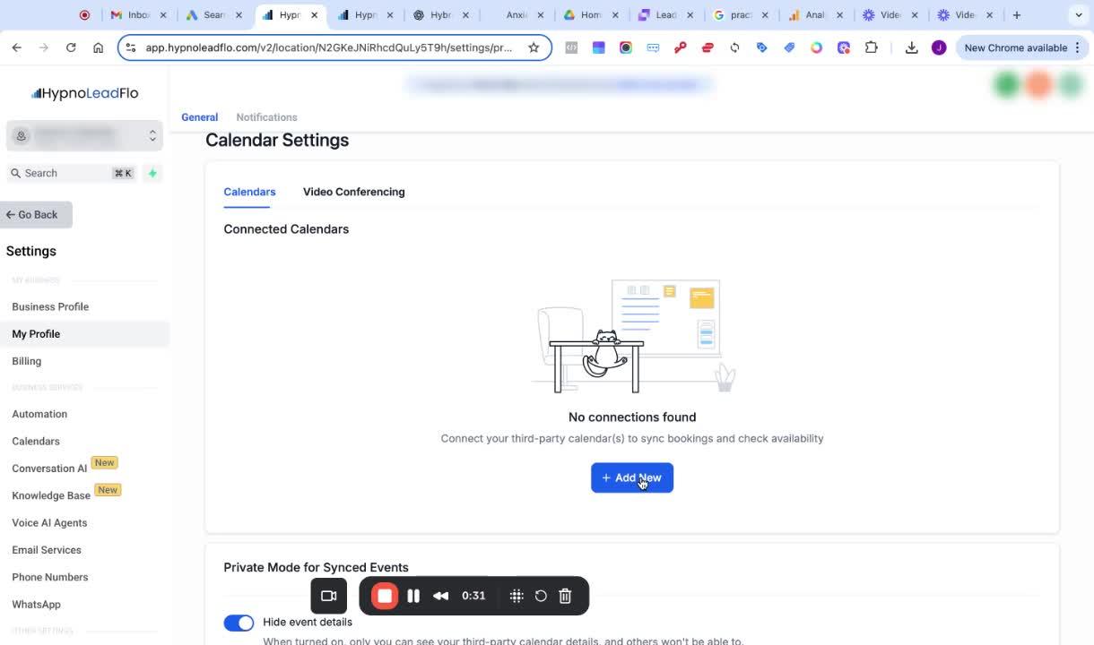 HypnoLeadFlo Calendar Settings page showing Calendars and Video Conferencing tabs