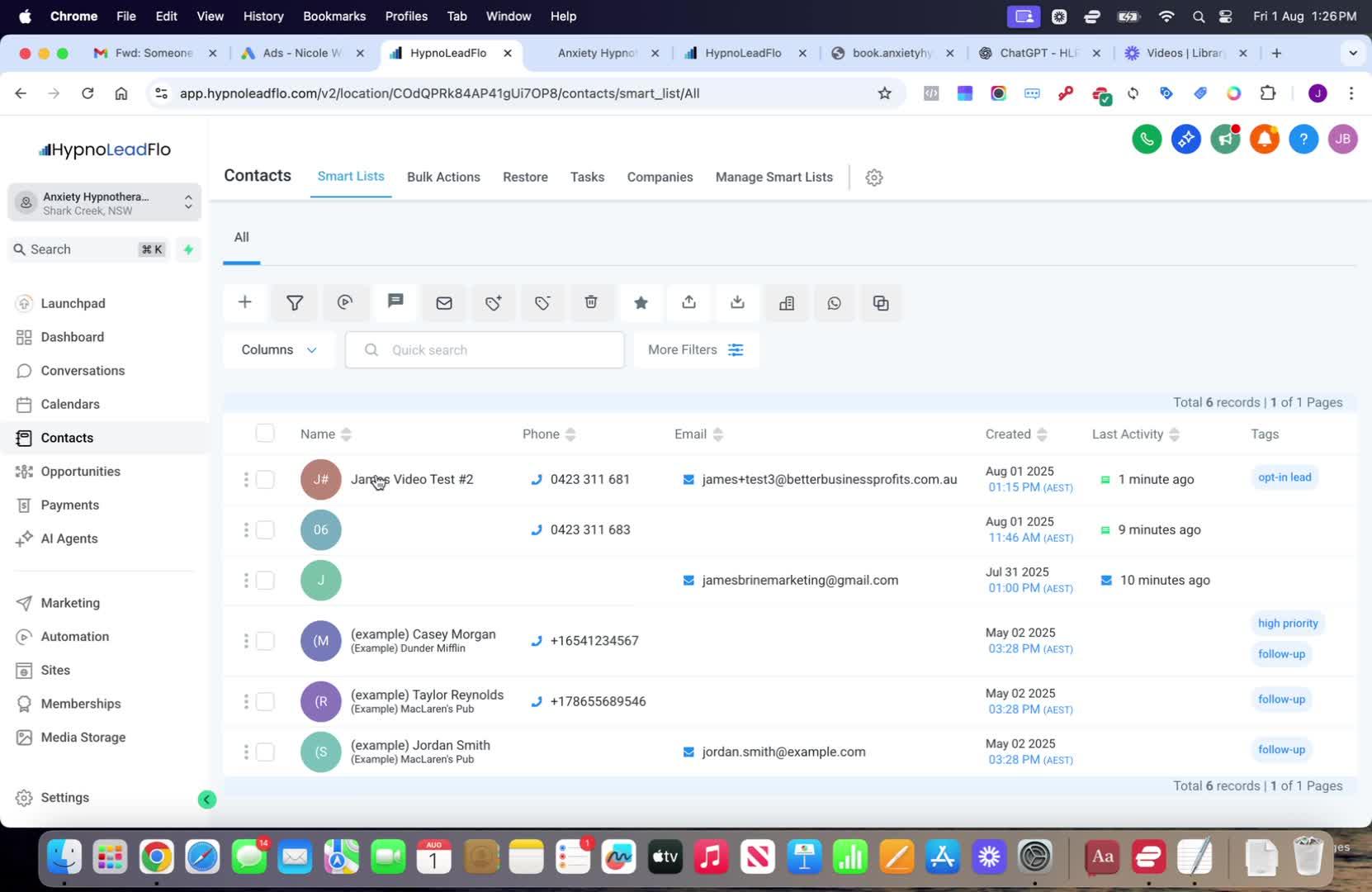 HypnoLeadFlo Contacts list showing new leads