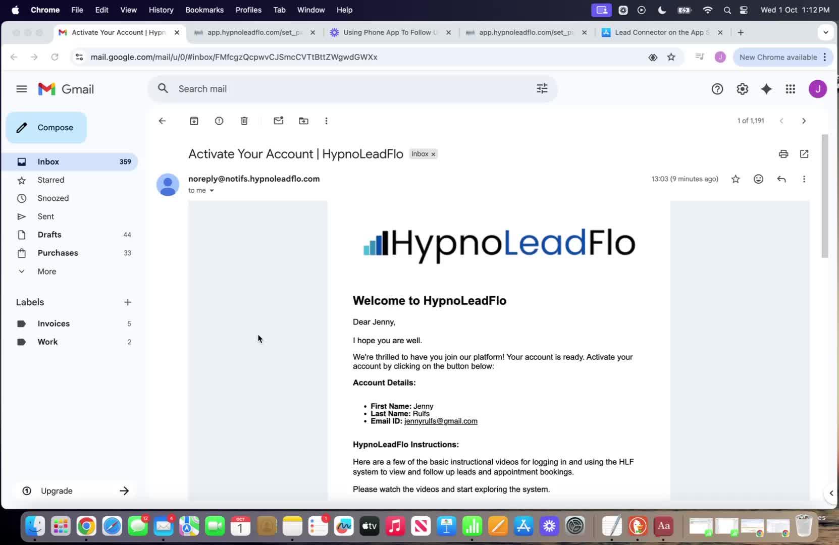 HypnoLeadFlo account activation email in Gmail